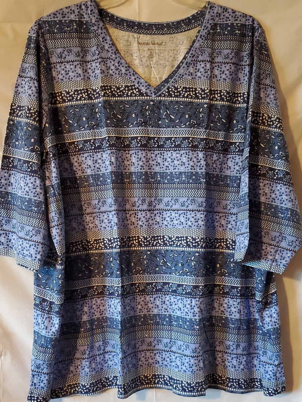 Woman Within 3X Cotton Blue Floral Patchwork print V-Neck 3/4 Sleeve Tunic NEW